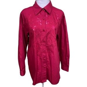 New Mackie Wearable Art‎ Sequin Embellished Button Down Shirt Red Christmas Med.
